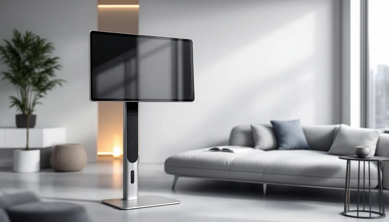 Floor standing tablet stands in a modern living space.