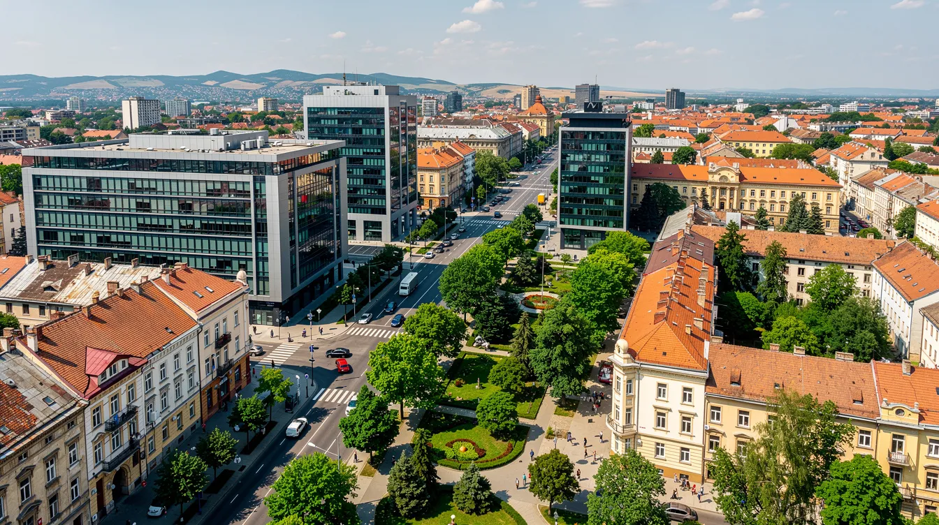 An aerial view showcases a vibrant Romanian city, featuring a blend of modern buildings and lush, tree-lined streets under a clear blue sky. This bustling environment reflects the local job market, where various job opportunities are available, including positions in sectors like security and driving, contributing to the dynamic employment landscape of cities like Cluj Napoca and Bucharest.