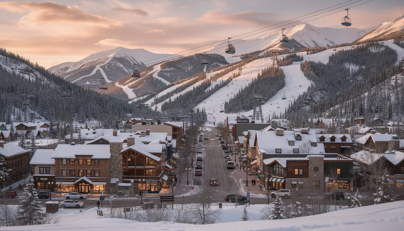 The image showcases a picturesque view of Park City, Utah, featuring ski lifts ascending the snow-covered mountains against a backdrop of a stunning winter sunset. This scene captures the essence of a ski vacation at one of the best ski resorts in the region, highlighting the beauty and tranquility of the snowy landscape.