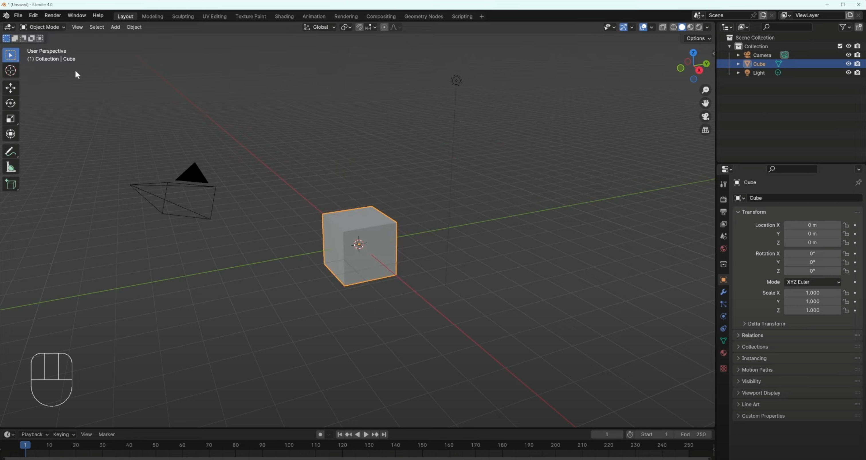 Here is an image of the default Blender screen before modification