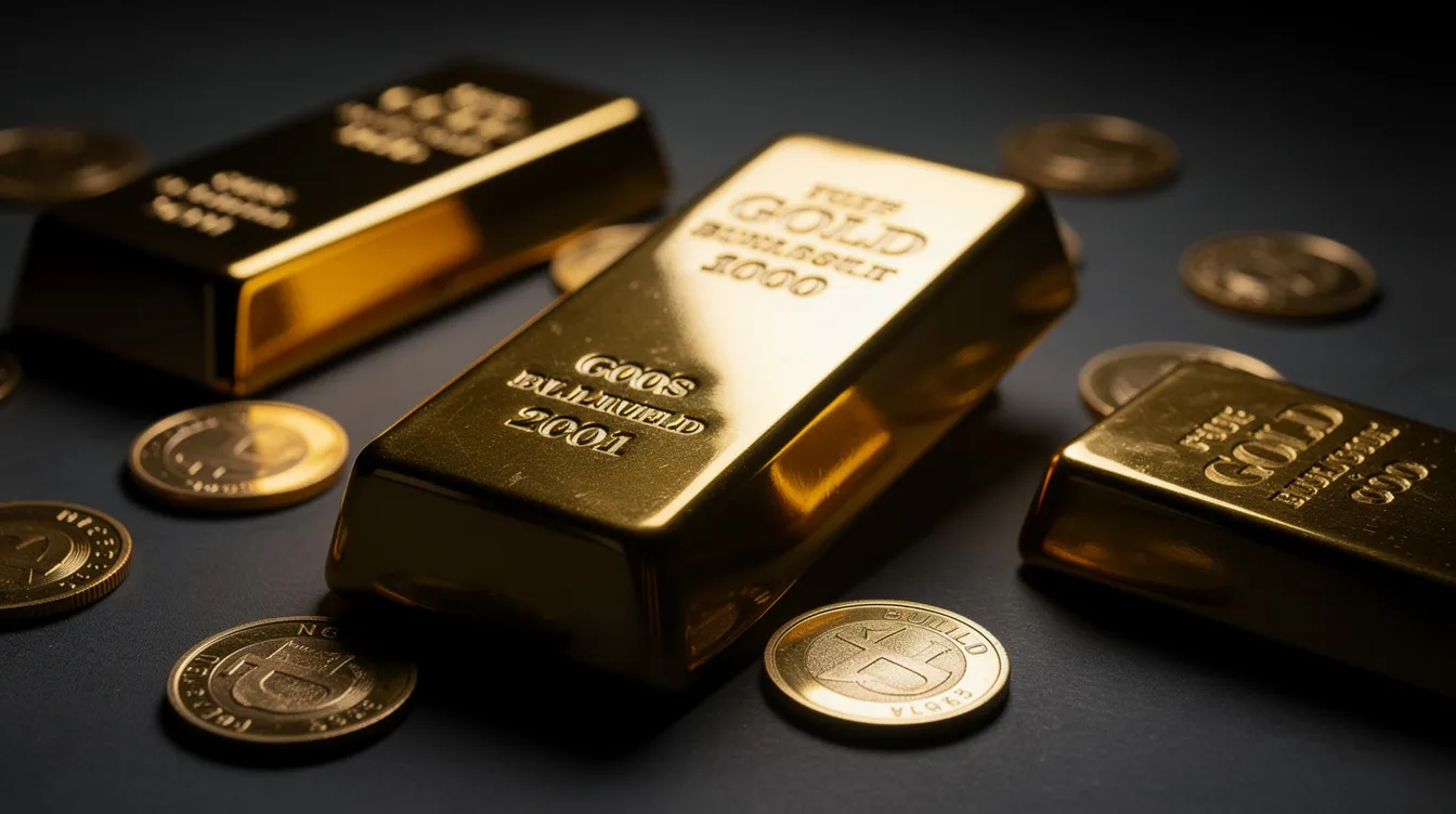 The image depicts several gold bullion bars and coins, including a prominent lion gold coin, meticulously arranged on a dark surface, showcasing the allure of physical gold as a valuable investment in precious metals. This visual emphasizes the significance of gold in retirement accounts, particularly for those considering a gold IRA or precious metals IRA.