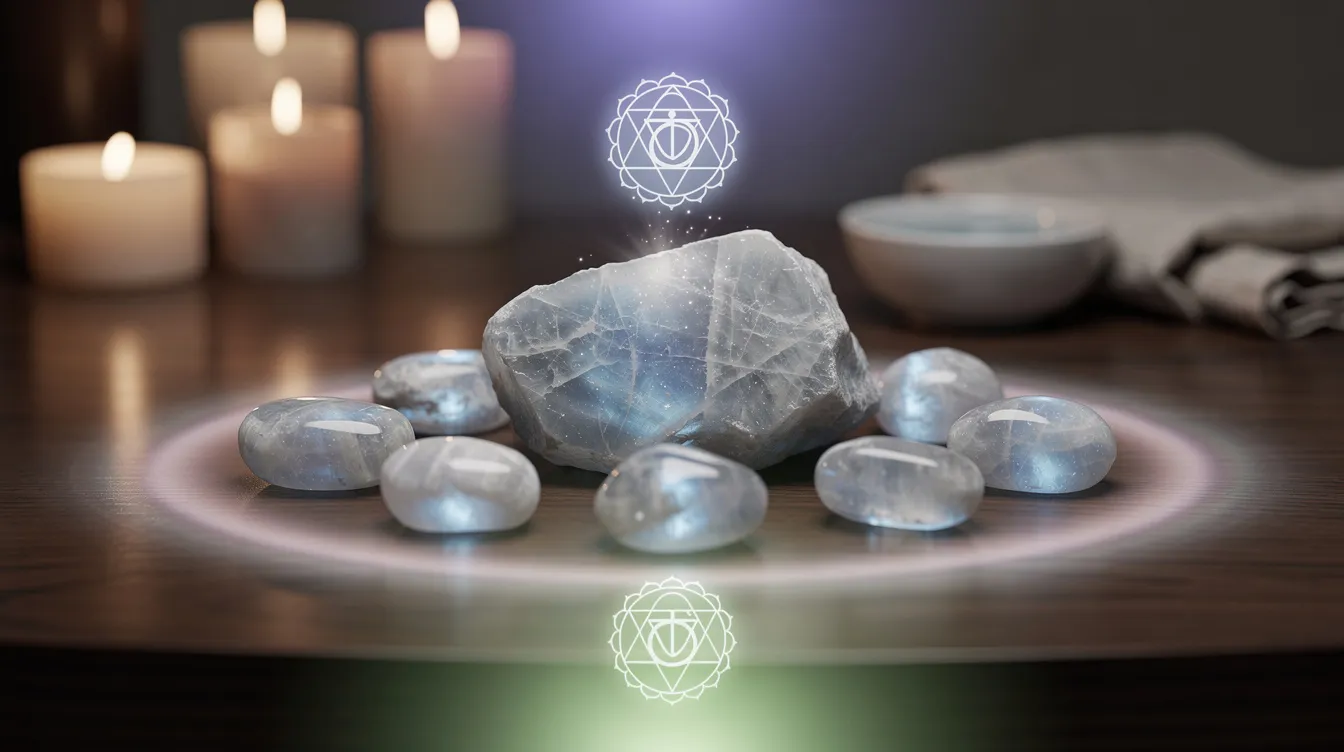 The image features a collection of beautiful moonstone crystals, including rare rainbow moonstone, displayed in a serene shop setting. These gemstones are believed to promote emotional balance and support wellbeing by soothing stress and anxiety, with their healing power linked to the third eye and heart chakras.