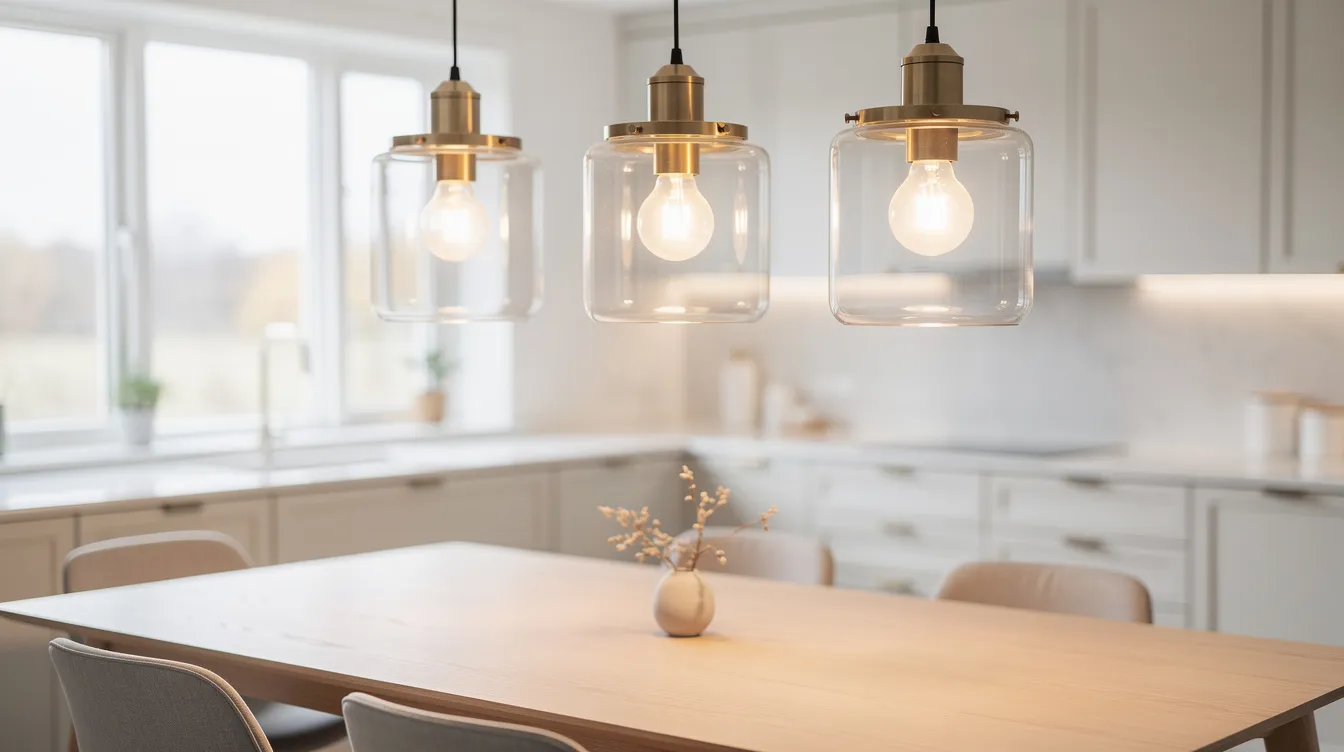 Tre moderna pendellampor i glas och mässing hänger elegant ovanför ett ljust matbord i köket, vilket skapar en mysig och stilren atmosfär. Belysningen från lamporna ger rummet en varm känsla och passar perfekt för matplatsen.