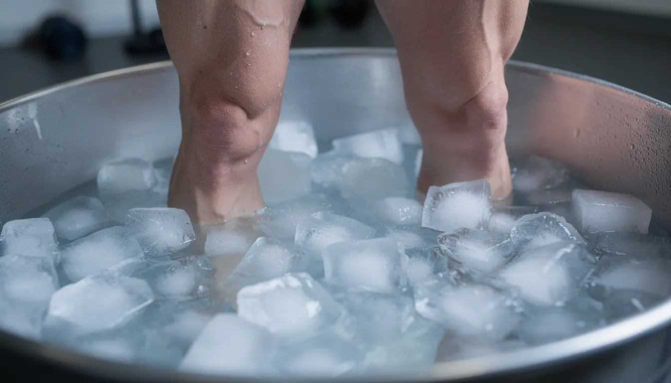 An athlete's legs are submerged in a cold plunge tub filled with ice, showcasing the use of cold therapy for post-exercise recovery. This contrast therapy technique helps alleviate muscle soreness and promote healing by improving blood flow and reducing tissue swelling.