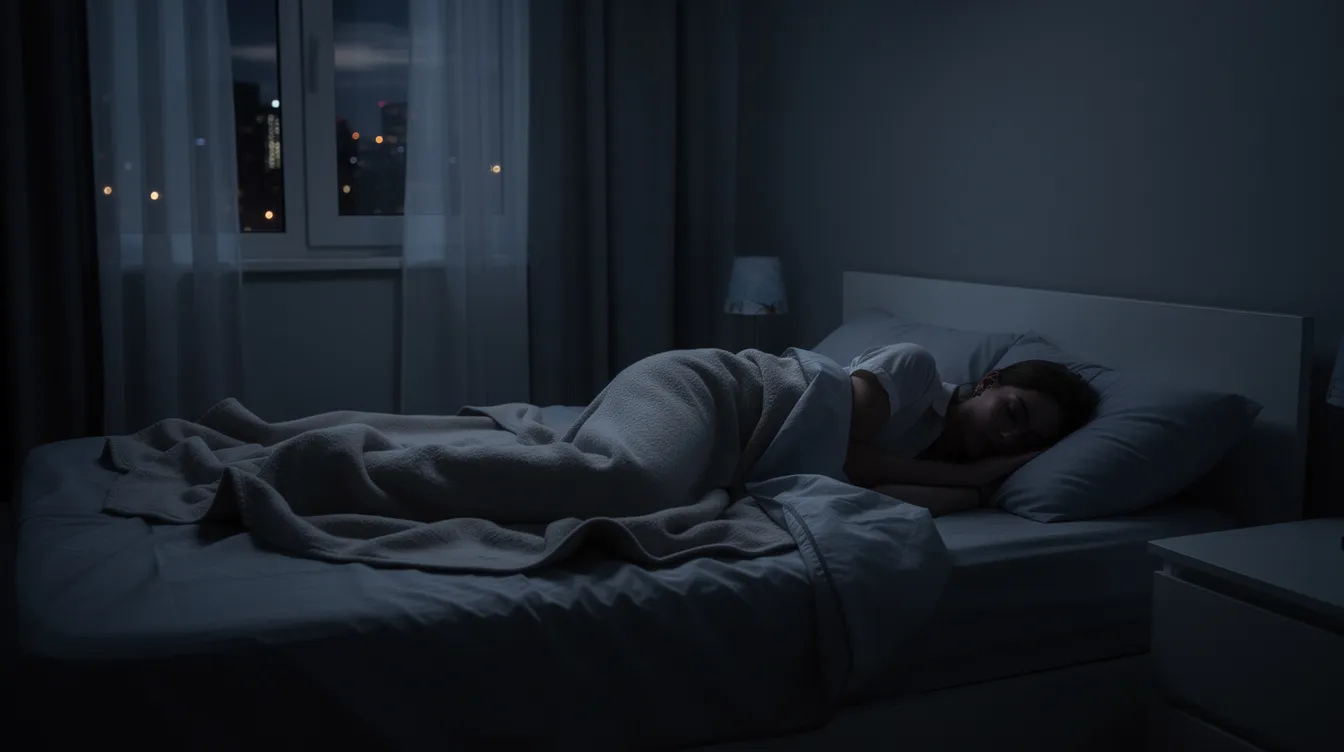 A person is peacefully sleeping in a dark, cool bedroom with minimal ambient light, promoting optimal sleep quality and supporting cardiovascular health. This serene environment may enhance their overall well-being and contribute to the principles of the Bryan Johnson blueprint protocol for longevity.