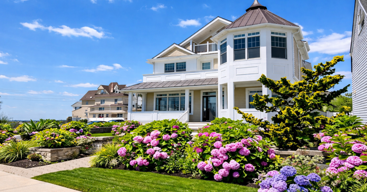 Beautiful white multi-story vacation home with hydrangea gardens near Point Pleasant Beach, New Jersey — browse house rentals on ShoreSummerRentals.com and book direct with verified owners