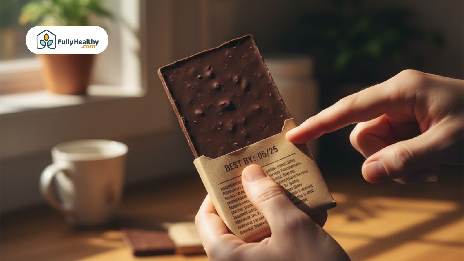 Person holding unwrapped chocolate bar showing best by date on packaging