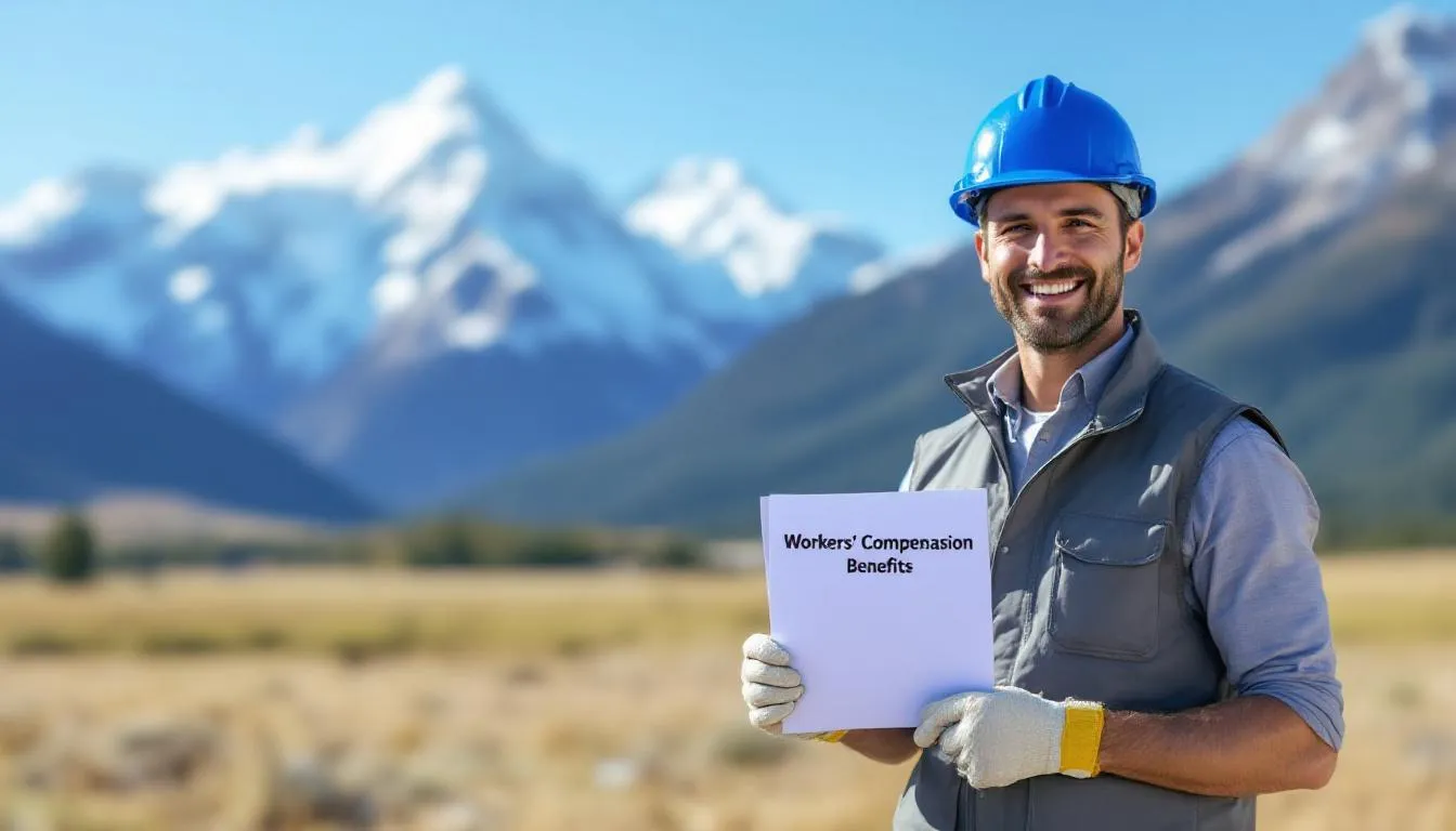 A happy worker stands in front of majestic mountains, celebrating their successful workers compensation claim, which provides essential benefits for injured workers. This moment reflects the importance of workers compensation insurance in ensuring fair compensation for those who have suffered on the job.