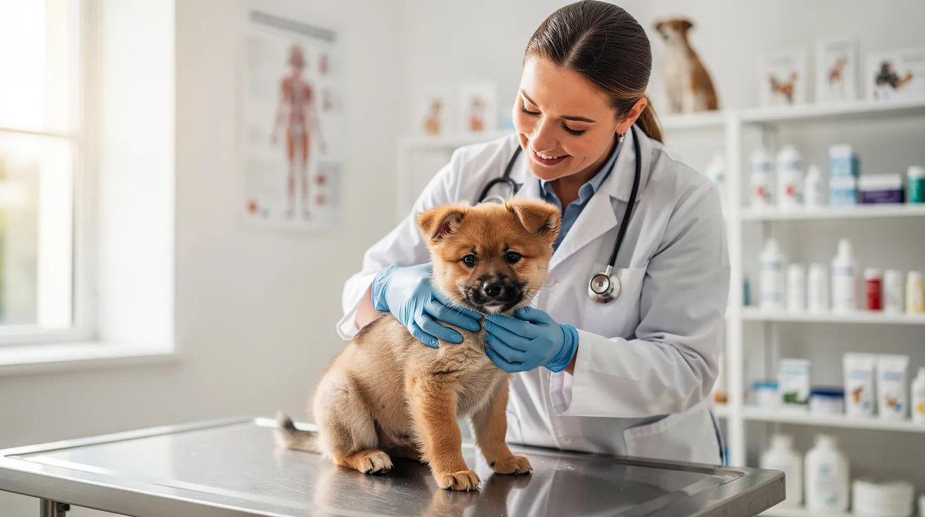 A veterinarian is gently examining a small puppy on an examination table in a bright clinic, showcasing the care and attention that family dogs, like the affectionate Cavalier King Charles Spaniel or the loyal Labrador Retriever, receive during their check-ups. This scene highlights the importance of regular vet visits for all dog breeds to ensure their health and well-being.