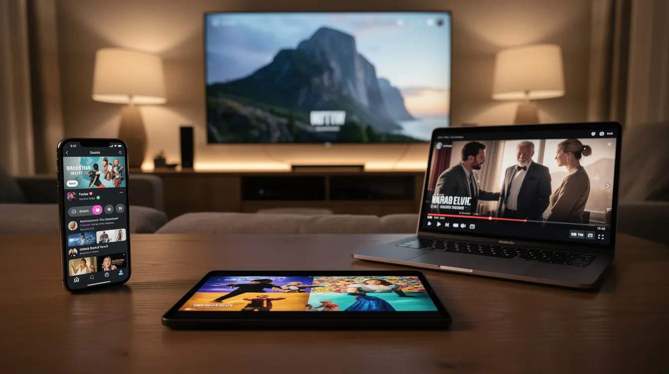 The image shows a tablet, smartphone, laptop, and smart TV simultaneously displaying different streaming content, illustrating the versatility of internet protocol television (IPTV) across compatible devices. Each screen features various genres, including live sports, movies, and TV series, highlighting the entertainment options available with a reliable internet connection.