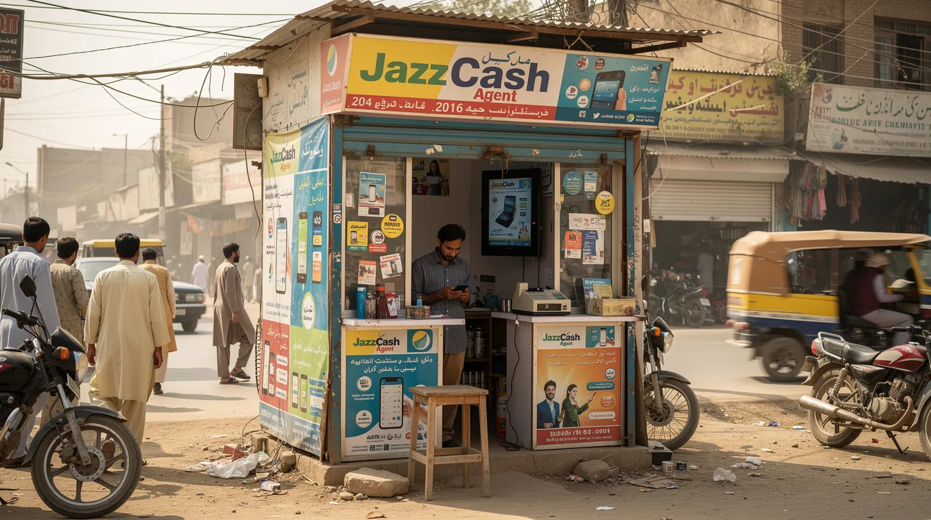 The image depicts a small JazzCash agent shop located on a bustling street in a Pakistani town, showcasing vibrant signage that highlights digital financial services like bill payments and mobile wallet options. This scene reflects the growing trend of managing money digitally and the accessibility of cash out services for local customers.