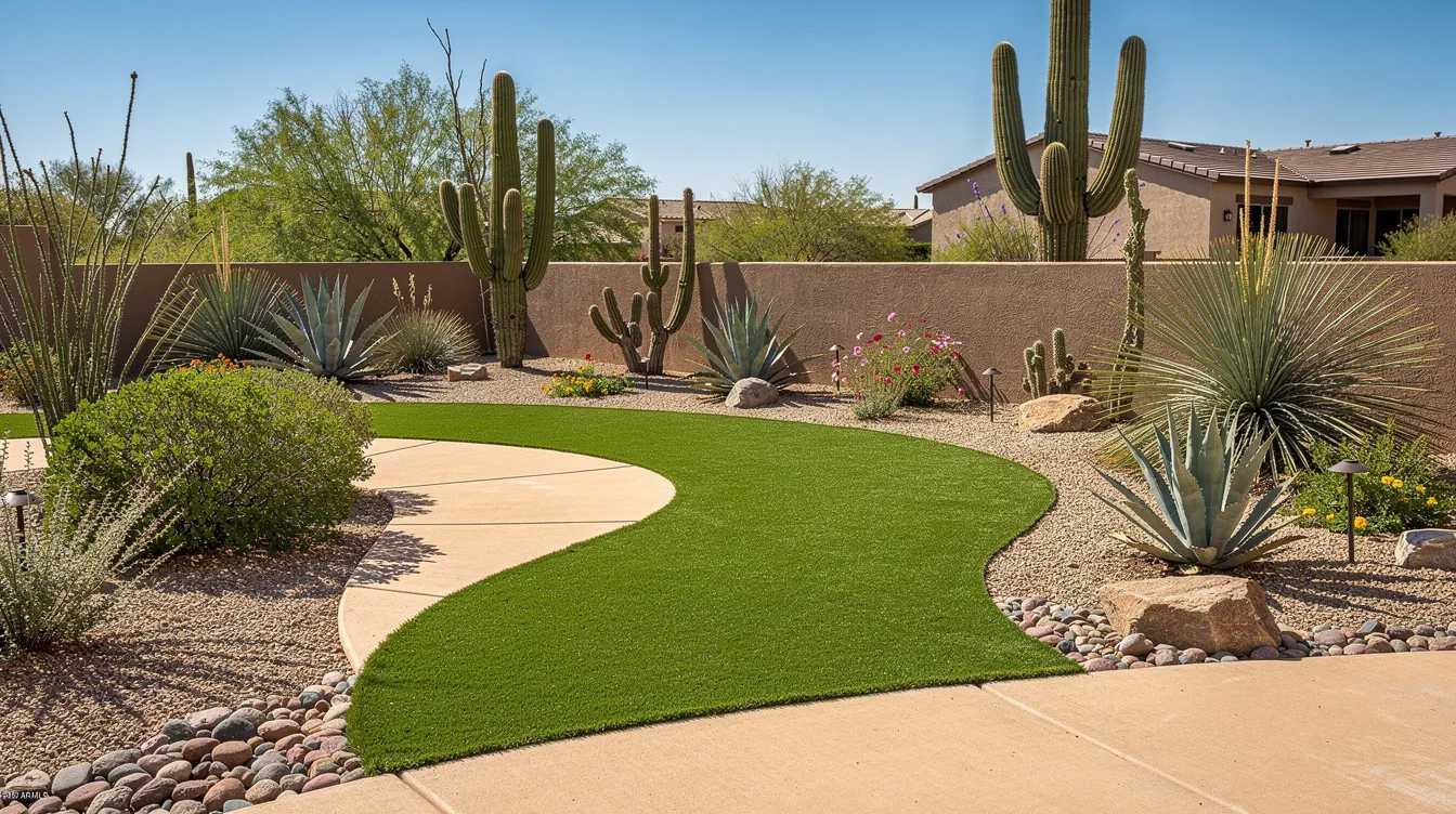 A curved pathway of high-quality artificial turf meanders through a sunny Arizona backyard, flanked by native desert plants and pavers, creating a sustainable landscaping design. The vibrant synthetic grass offers a durable and low-maintenance alternative to traditional lawns, enhancing the outdoor space's accessibility and aesthetic appeal.