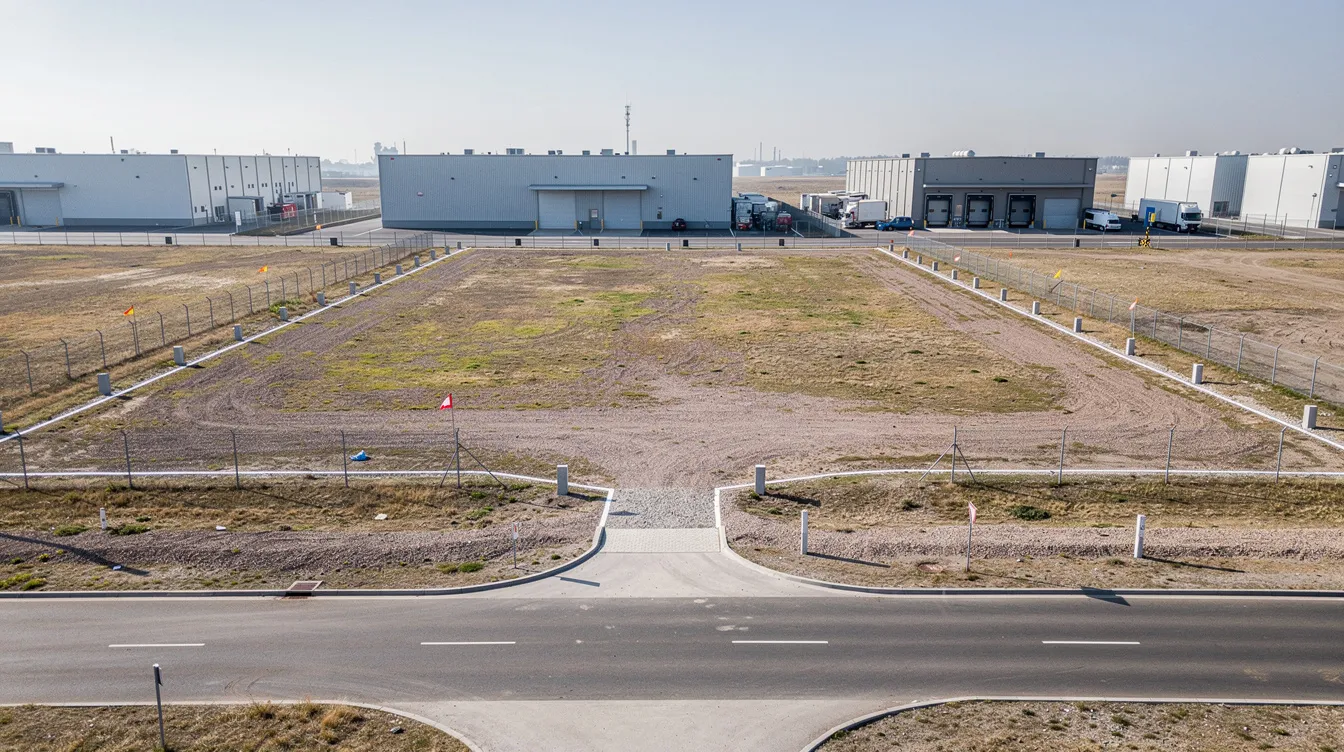 The image depicts an open industrial land featuring clear boundary markings and an approach road, with distant industrial buildings visible, suggesting a potential site for a milk powder manufacturing plant in the dairy processing industry. The layout indicates readiness for development, possibly for milk powder production or related food processing business activities.
