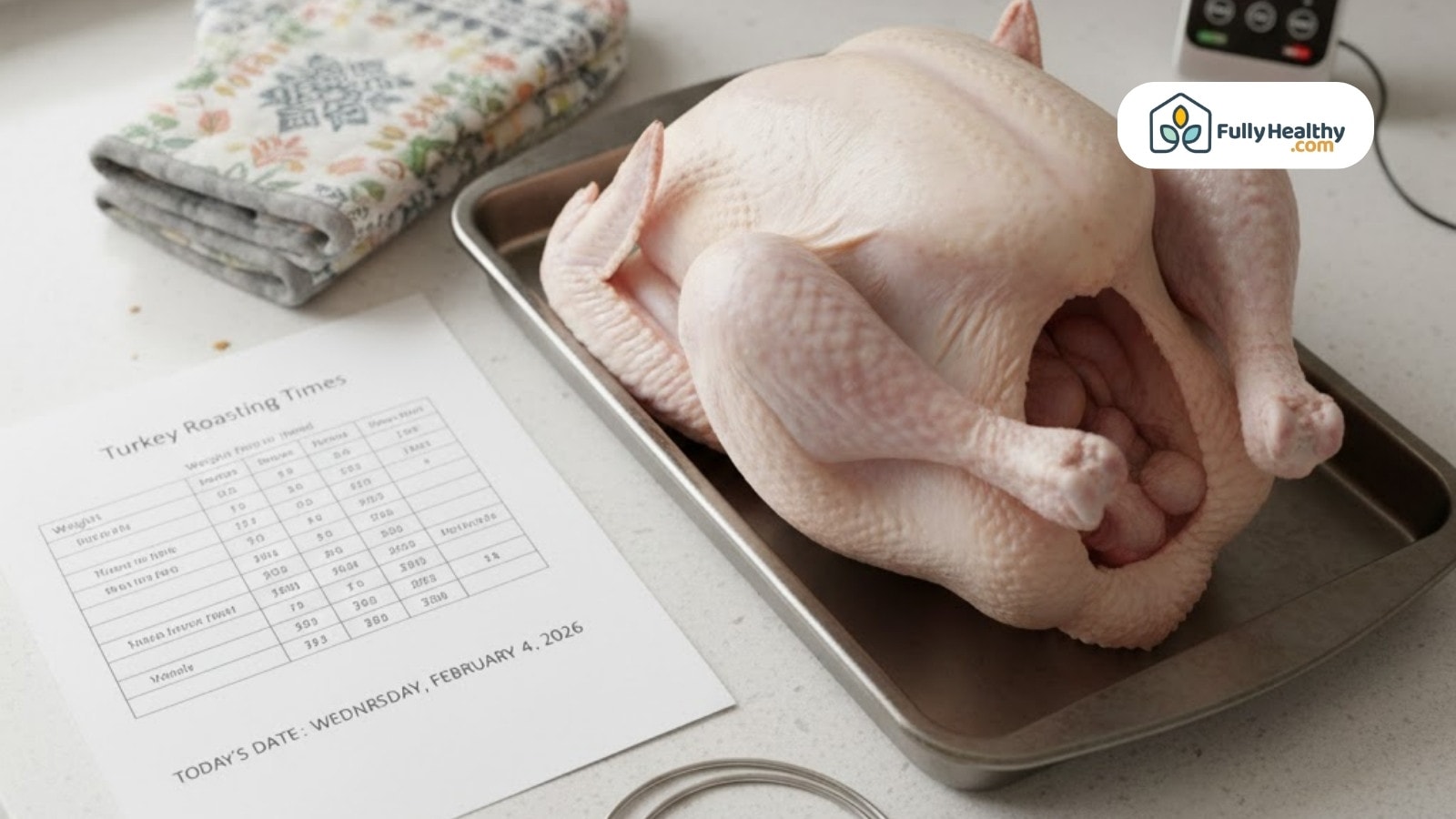 Raw whole turkey prepared in roasting pan beside printed cooking times