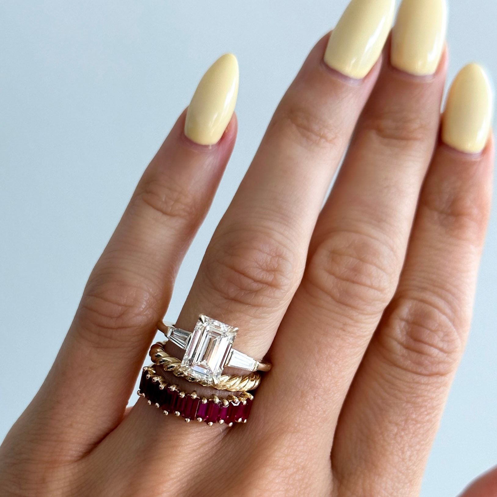 baguette wedding band with red ruby