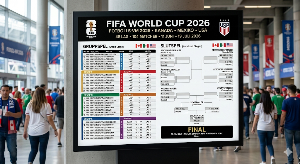 Schema över spelschemat i Fotbolls VM 2026 med gruppspel och slutspel, där 48 lag spelar matcher från 11 juni till 19 juli i världsmästerskapet i fotboll 2026 som arrangeras i USA, Kanada och Mexiko.