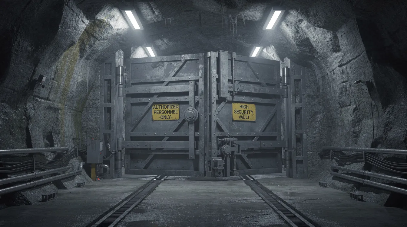 Das Bild zeigt ein massives Sicherheitstor aus Stein, das sich in einem Bergtunnel befindet und an einen Tresor erinnert, der in einem Gebirgsmassiv verborgen ist. Diese eindrucksvolle Konstruktion symbolisiert den Schutz von wertvollen Edelmetallen wie Gold und Silber und steht für höchste Sicherheitsstandards in der Lagerung.