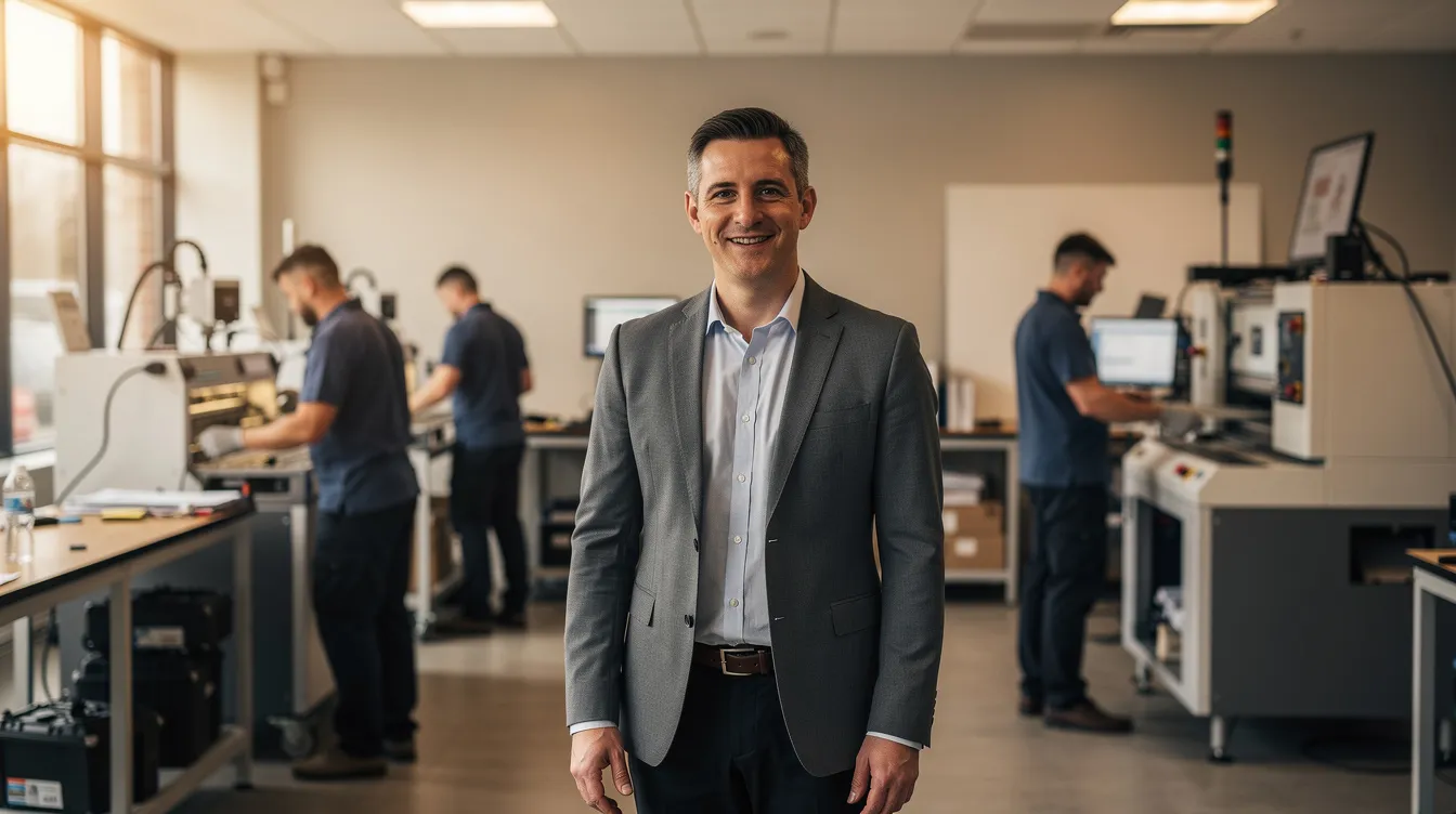 The image depicts a confident business owner celebrating the success of securing financing, with equipment vendors actively installing tools in the background, suggesting a well-structured deal that addresses the business's needs for greater efficiency. The motion blur of the vendors emphasizes the dynamic nature of the transactions and the ongoing operations within the company.