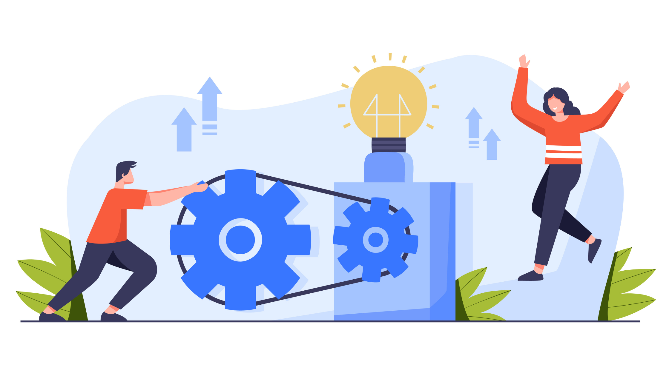 Man powering large gears connected to a lightbulb while a woman celebrates, symbolizing how unified communications drives productivity, teamwork, and workflow efficiency.