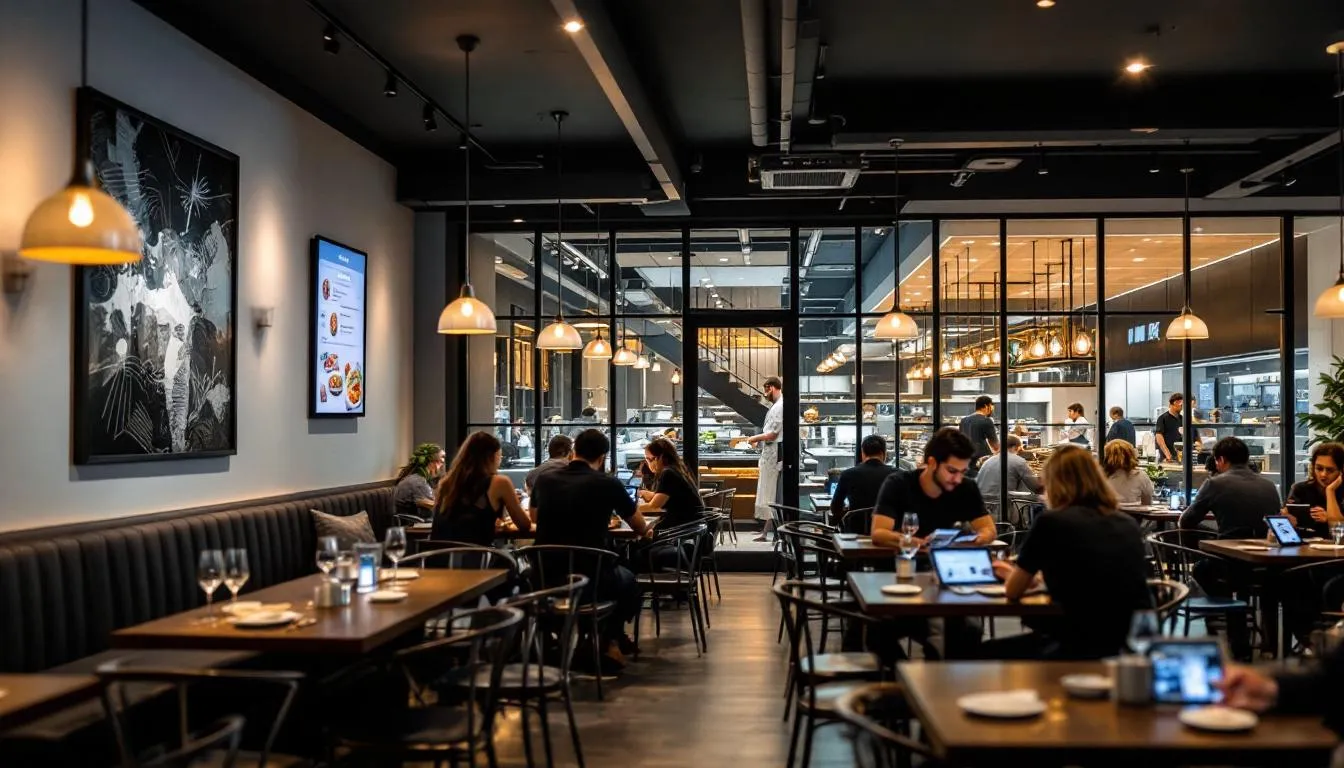 In the image, a modern restaurant interior is depicted, featuring customers enjoying their meals while utilizing technology for an enhanced dining experience. The atmosphere reflects current industry trends in the foodservice industry, emphasizing operational efficiency and customer convenience.
