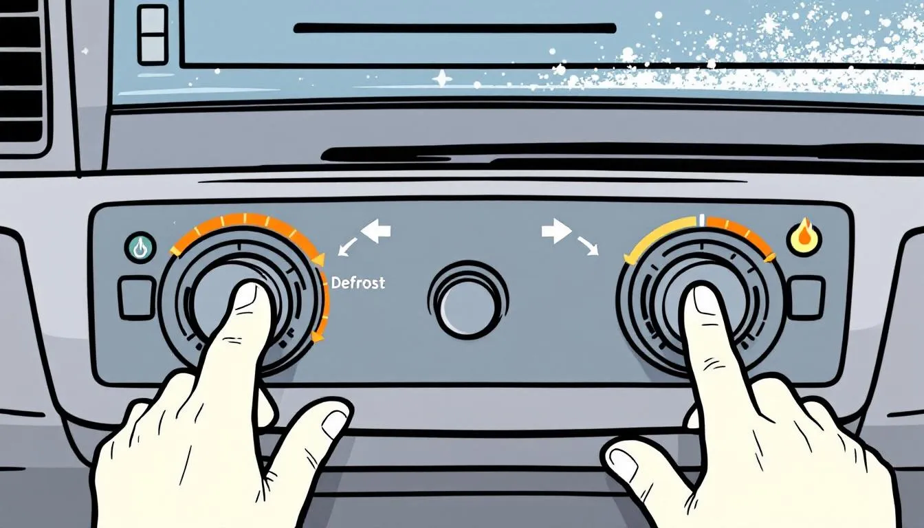 A car's heater and defroster settings being adjusted to quickly defog the windshield.