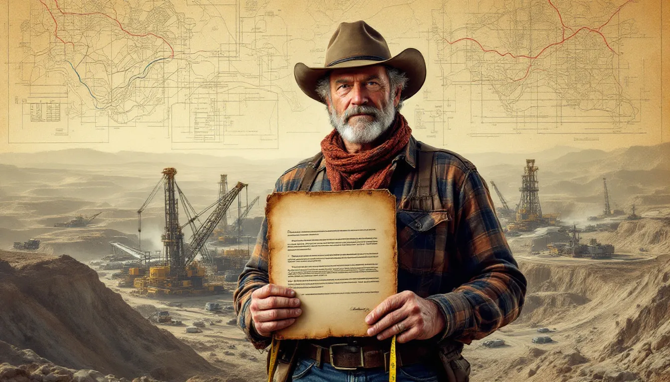 An illustration depicting mineral rights ownership, showcasing a property owner with a background of mining operations.