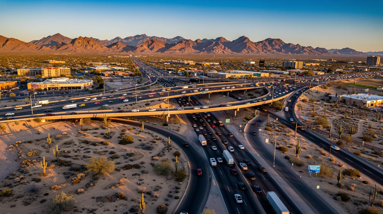 The image depicts a busy highway interchange in a southwestern desert city, with mountains rising majestically in the background. This scene reflects the dynamic nature of urban life in New Mexico, where personal injury claims often arise from car accidents and serious injuries on such roadways.