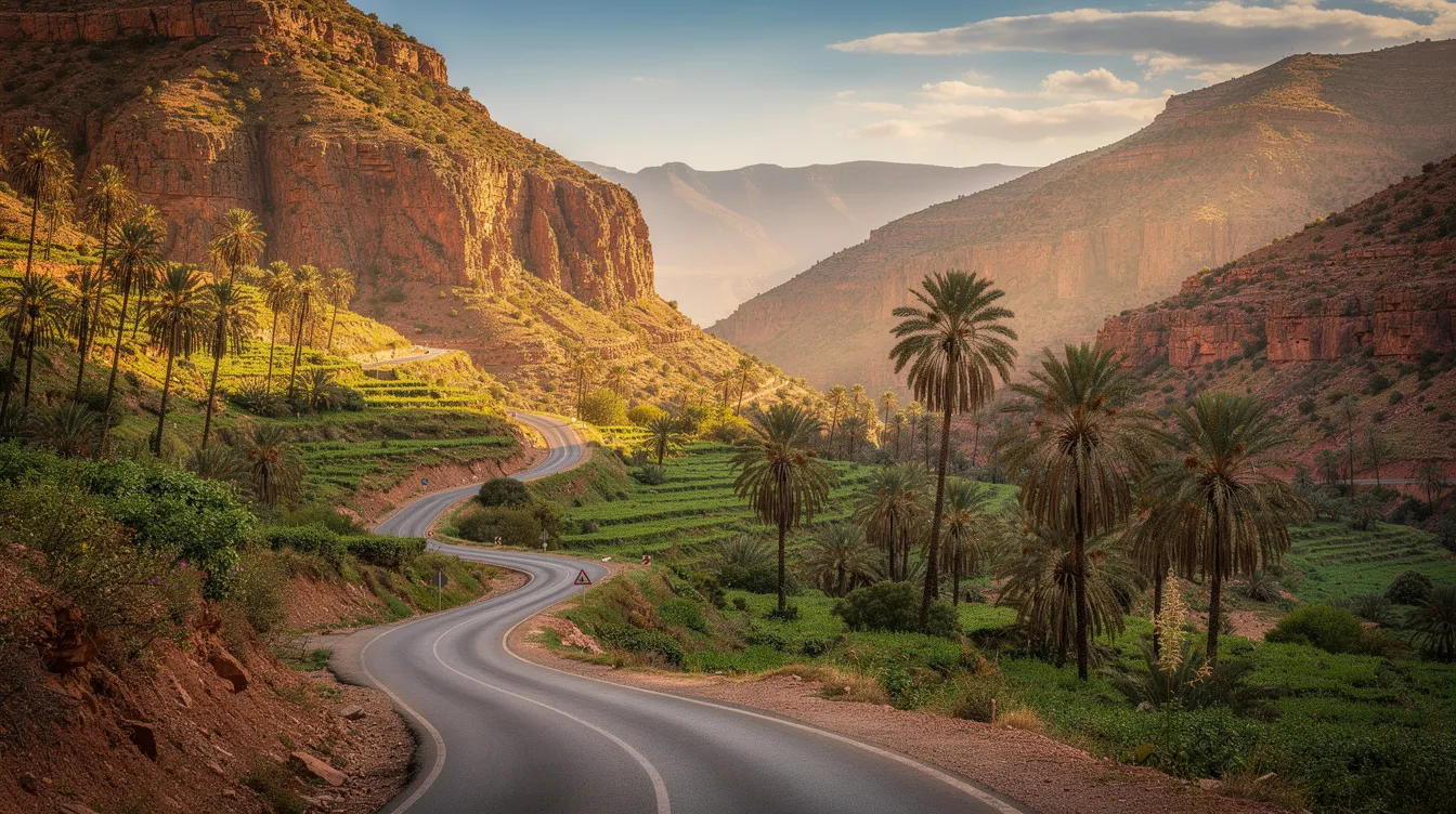 The image depicts a winding mountain road traversing a lush green valley, framed by rocky cliffs and dotted with palm trees, showcasing the stunning landscape of Morocco. This picturesque scene is ideal for a road trip, especially for those renting a car in Agadir to explore the beautiful surroundings.