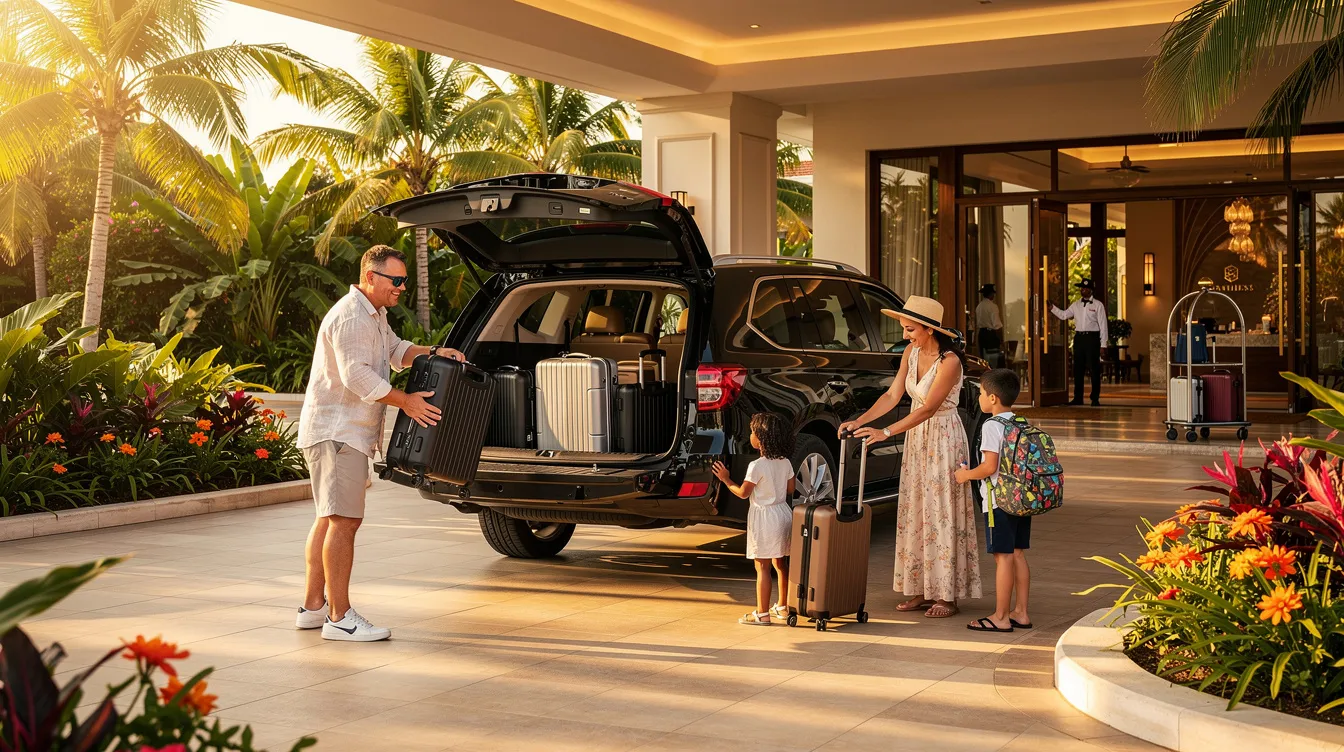 A family is seen boarding a large SUV at the entrance of a tropical resort, surrounded by lush greenery and vibrant flowers, with their luggage ready for a stress-free travel experience. This luxurious vehicle offers ample space for transportation services, ensuring a comfortable ride for their next trip.
