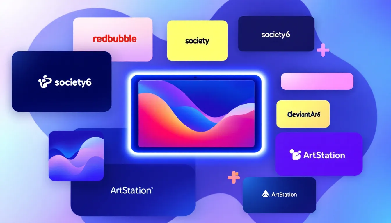 A collage of popular online platforms for selling digital art.