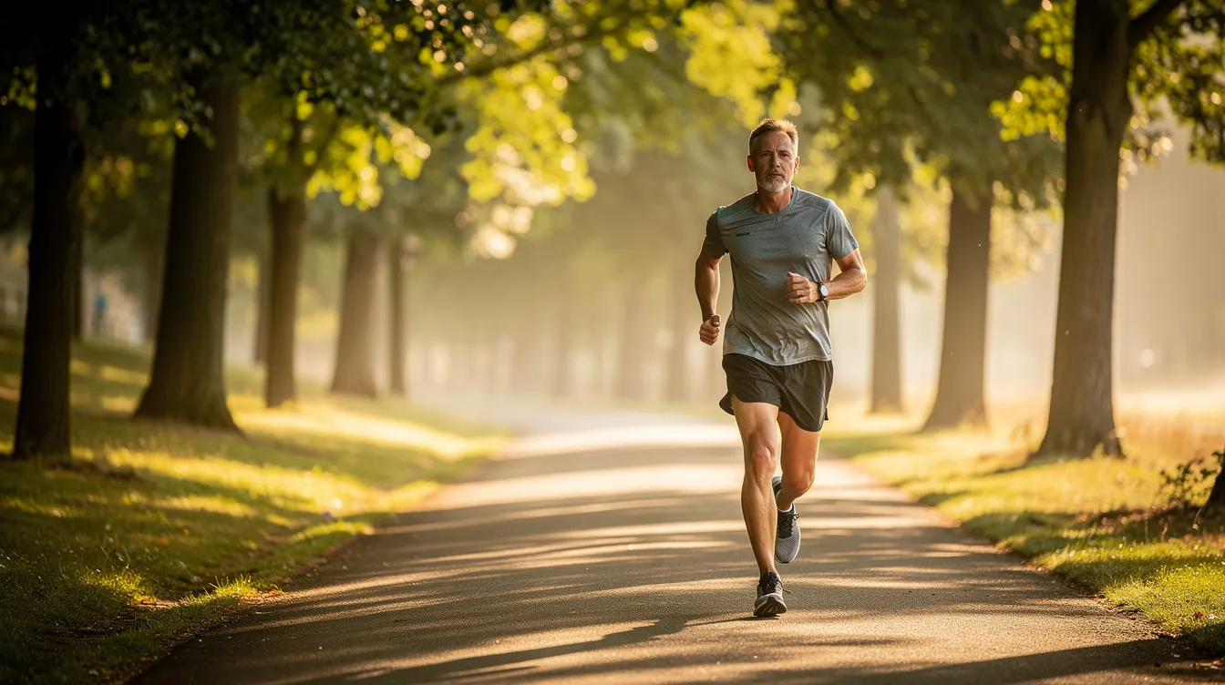 A middle-aged man is jogging along a serene, tree-lined path bathed in morning light, promoting overall health and cardiovascular fitness, which can positively impact erectile function and sexual performance. The peaceful environment suggests a commitment to an active lifestyle that may help in managing health conditions such as high blood pressure.
