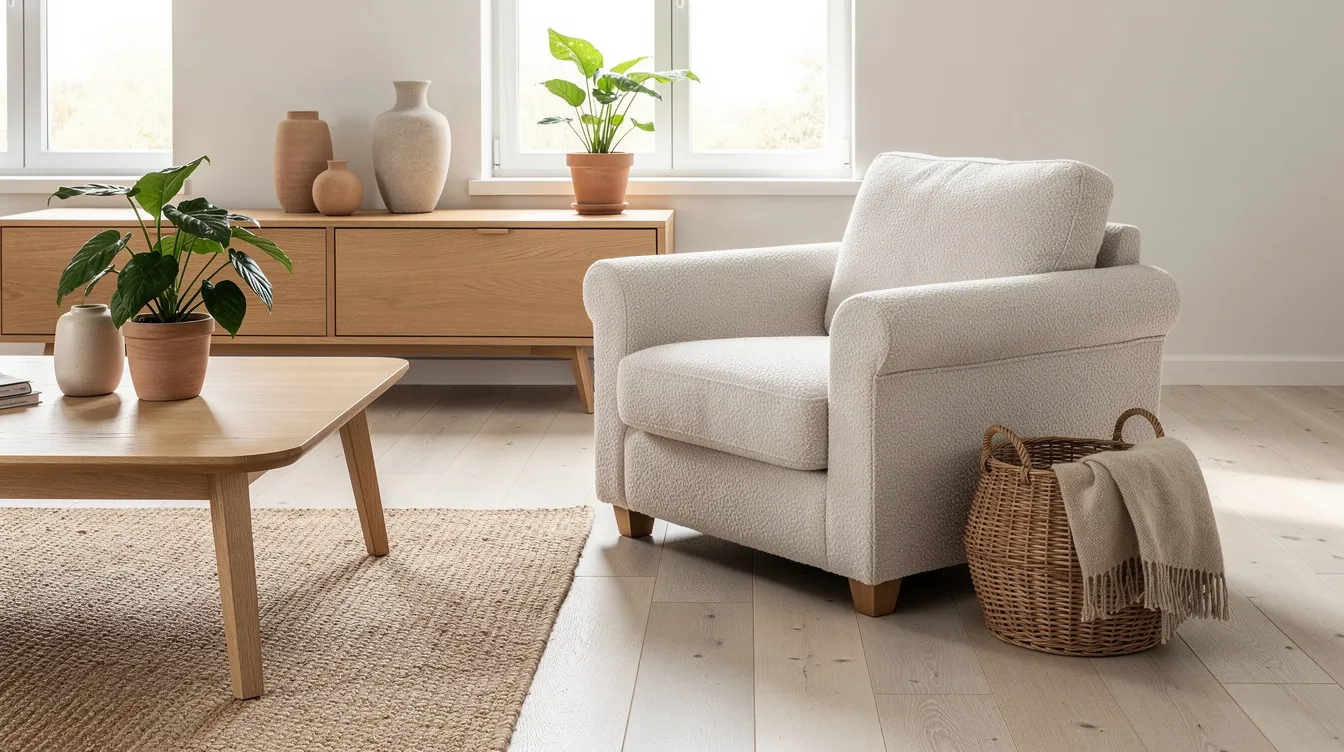 En ljus och mysig teddy fåtölj i offwhite står i ett skandinaviskt vardagsrum med ljusa trägolv och naturmaterial, vilket ger en inbjudande känsla och modern design. Fåtöljen är både komfortabel och stilren, perfekt för att skapa en harmonisk atmosfär i hemmet.