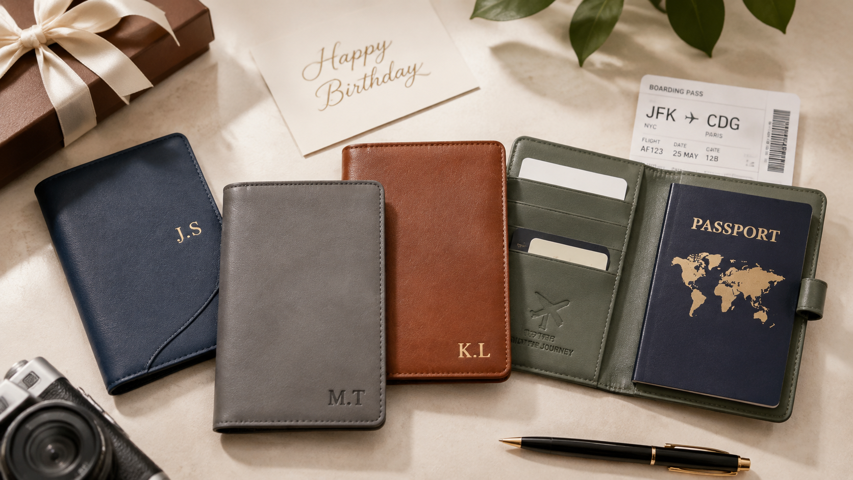 Passport holders and travel document wallets in muted colors with embossed recipient initials