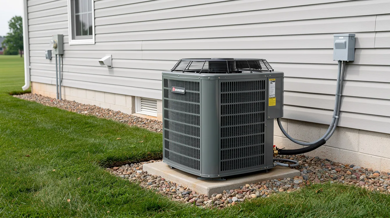 A modern residential air conditioning condenser unit is installed beside the exterior of a home, showcasing a sleek design that contributes to the home's energy efficiency. This Trane AC unit is part of an efficient HVAC system, potentially offering significant energy savings during the annual cooling season.