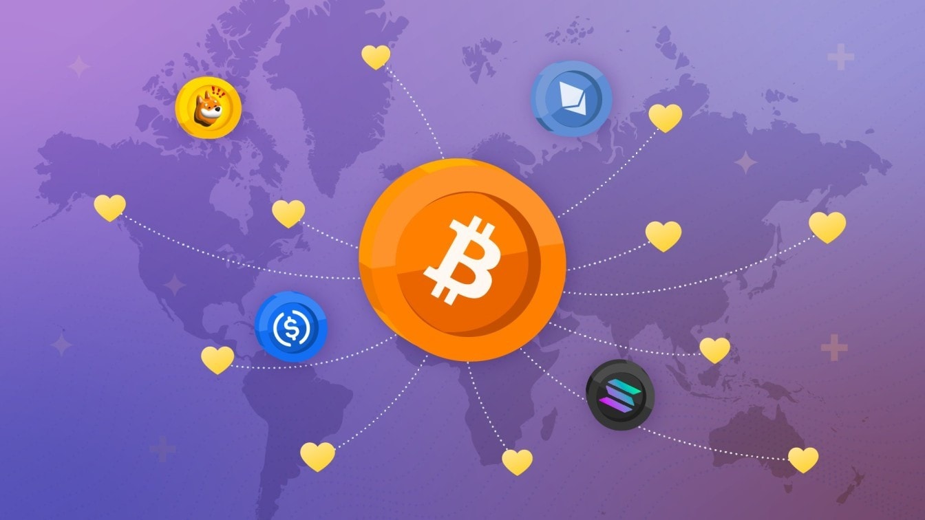 A graphic showing a person gifting cryptocurrency to another person, representing the process of gifting crypto.