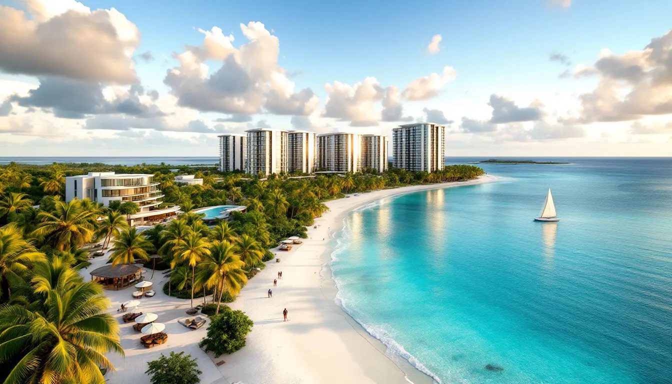 A beautiful view of Akumal Bay with condos in the background.