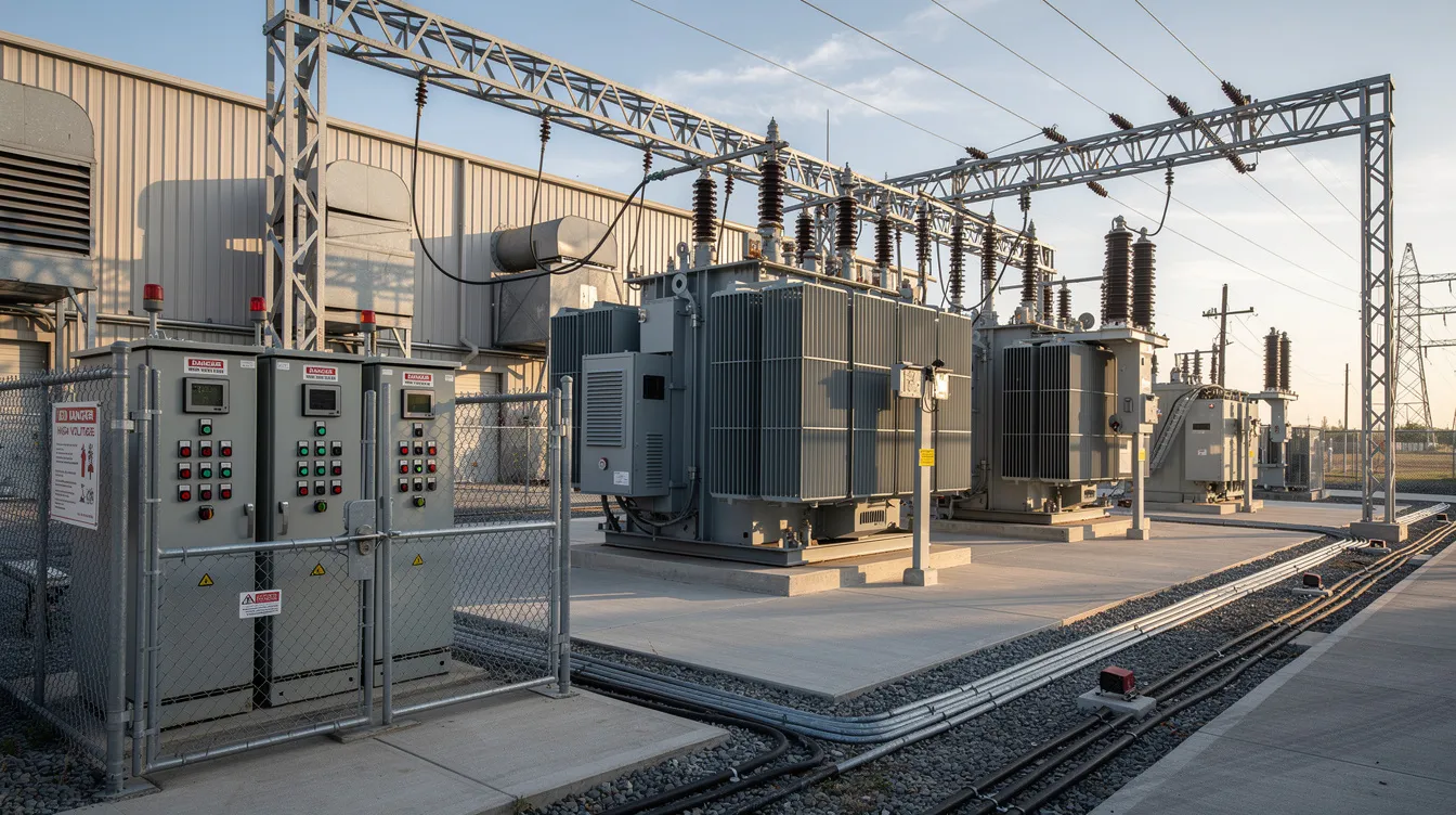 8ffddb7a a83c 4aac 8c51 406a111f983b The image depicts an industrial electrical transformer yard with high-tension panels at a manufacturing facility, likely involved in the production process of dairy products such as milk powder. This setup is essential for ensuring consistent quality and efficiency in the operation of milk powder plants, supporting the energy consumption needs of the dairy industry.