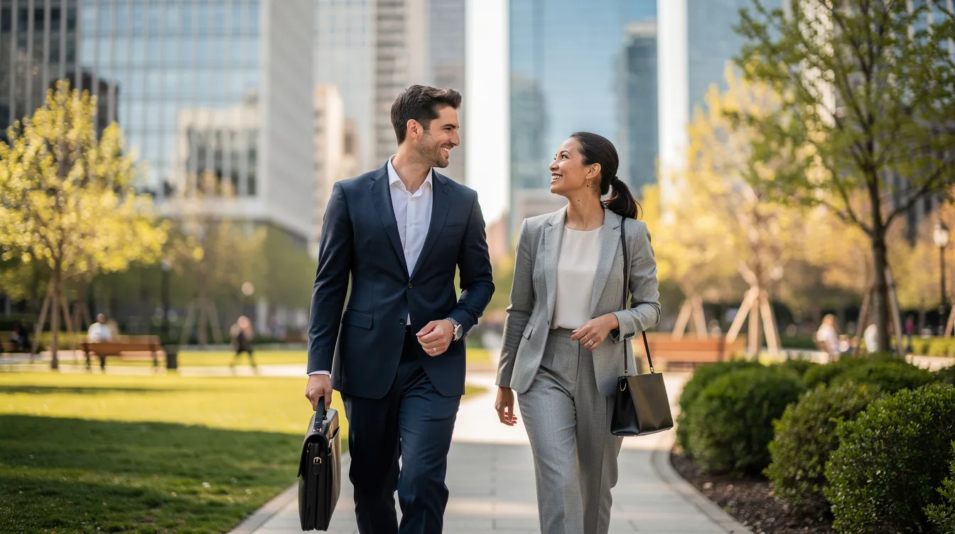 Two young professionals stroll together through a green city park, with towering skyscrapers of New York City visible in the background, embodying the vibrant dating scene for ambitious individuals seeking meaningful relationships amidst their busy careers. Their conversation reflects the challenges and rewards of modern dating, as they navigate the balance between career goals and personal connections.