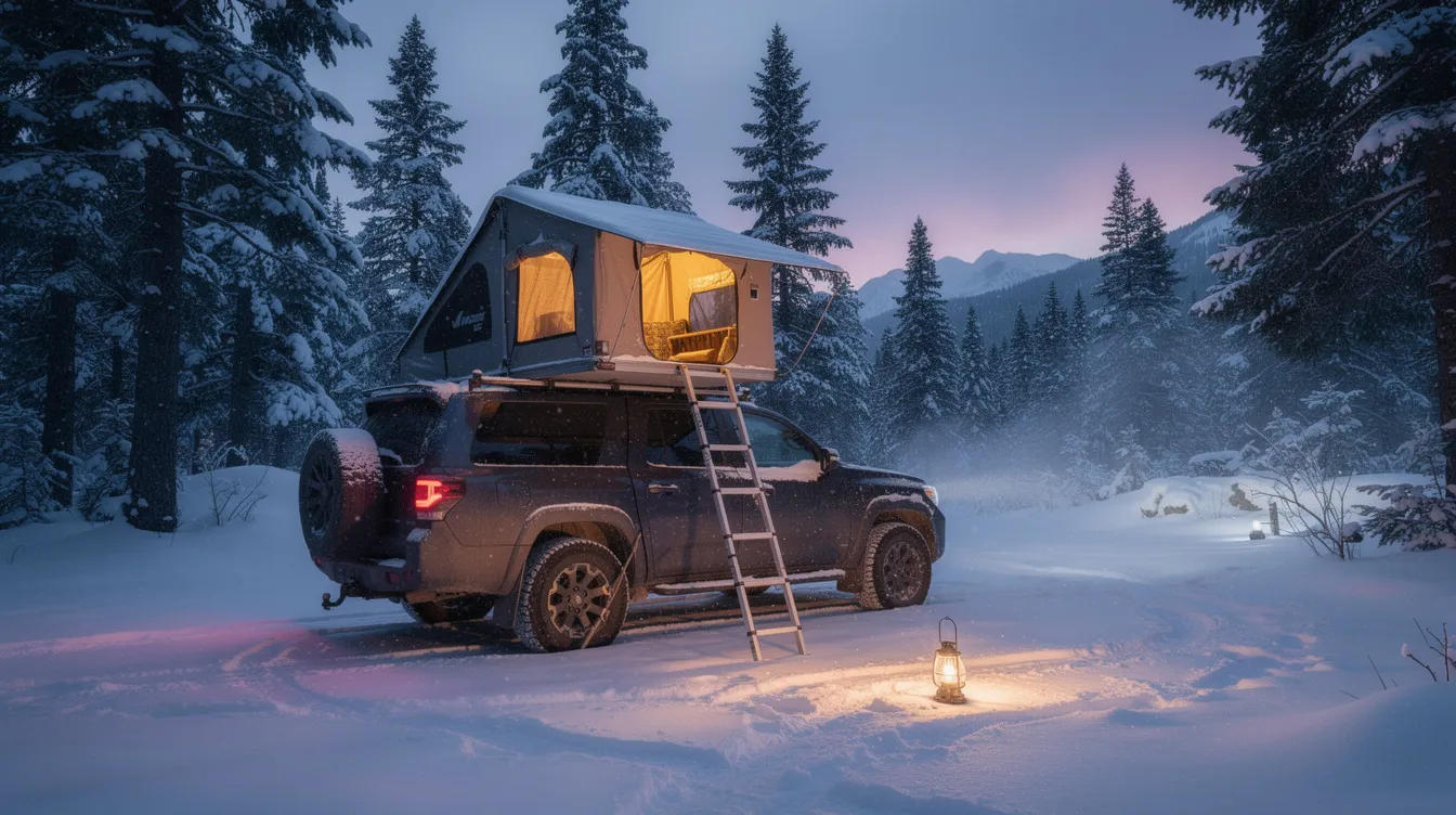 A rooftop tent is mounted on an SUV in a snowy forest campsite at dusk, with the warm glow of a portable diesel heater providing extra warmth inside. The scene captures the essence of winter camping, highlighting the cozy atmosphere created by the roof top tent amidst the cold, snowy surroundings.