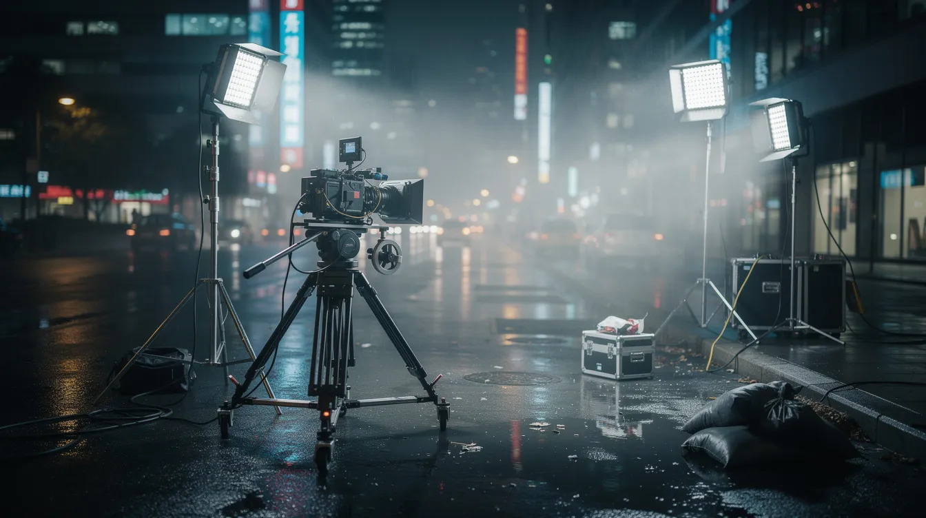 Das Bild zeigt ein Filmset bei Nacht, auf dem Kameraequipment und Scheinwerfer eine regennasse Straße in einer Großstadt beleuchten. Die Atmosphäre erinnert an die düstere Stimmung von Gotham City, wie sie in "Batman Begins" unter der Regie von Christopher Nolan dargestellt wird.