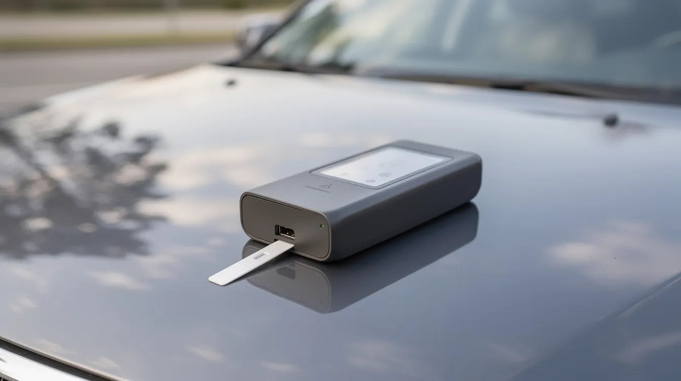 The image shows a portable drug testing device placed on the hood of a vehicle, likely used by law enforcement officers during a DUI investigation. This device is part of the testing procedures for detecting drug impairment under Tennessee's implied consent law.