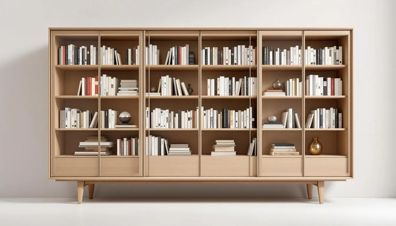 A stylish bookcase with glass doors, perfect for showcasing a curated book collection.