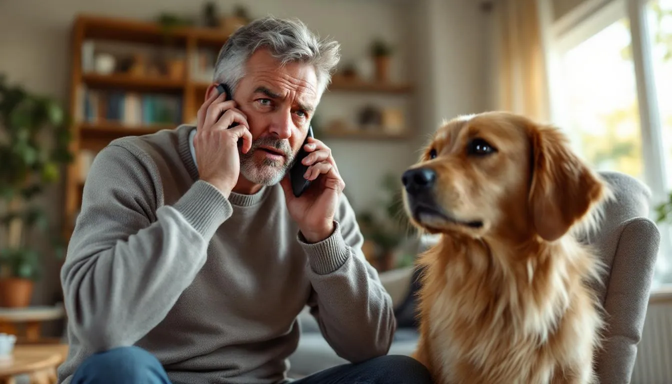 Właściciel psa rozmawia przez telefon z weterynarzem w sytuacji awaryjnej, ponieważ jego pies zjadł winogrona, co może prowadzić do poważnych problemów zdrowotnych, takich jak ostre uszkodzenie nerek. Weterynarz udziela wskazówek dotyczących objawów zatrucia winogronami oraz zaleca natychmiastową interwencję.