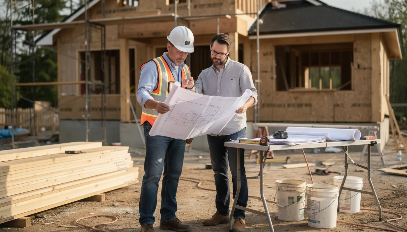 A builder and a homeowner are collaborating on renovation plans at a construction site, discussing the details of their renovation project. They are reviewing plans that may include kitchen and bathroom renovations, while considering costs, materials, and the overall renovation process to ensure a successful journey towards their dream home.