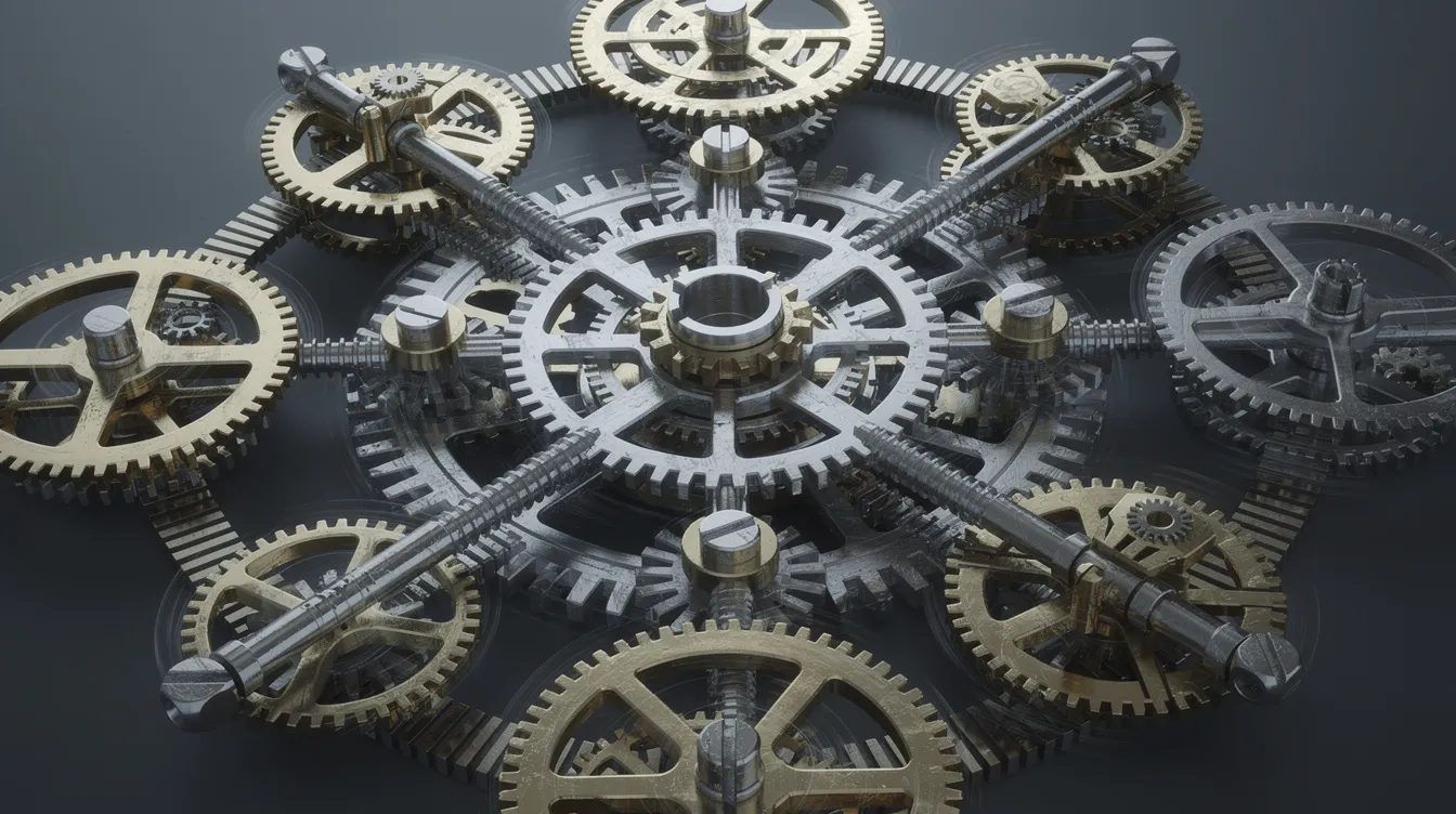 The image depicts a series of interconnected mechanical gears turning in unison, representing the harmonious collaboration of autonomous AI agents within a multi-agent system. This visual metaphor highlights the importance of system components working together efficiently to achieve complex tasks.