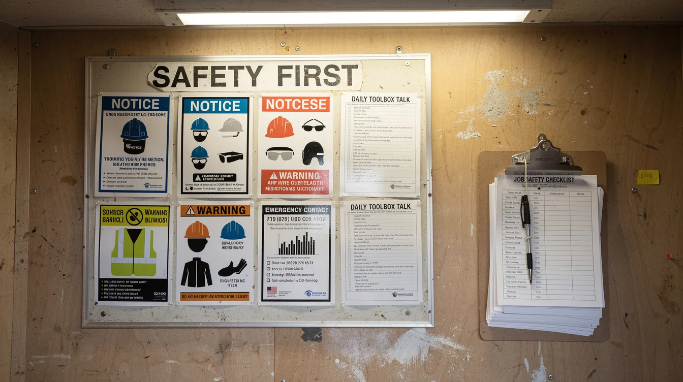 A safety notice board inside a construction trailer displays printed jobsite notices and resource posters.