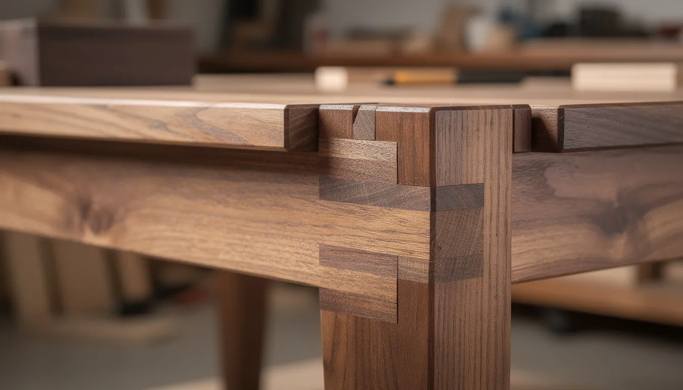 The image features a close-up view of solid wood furniture joints and construction details, showcasing the quality craftsmanship and materials used in its design. This detailed perspective highlights the importance of clear communication and thoughtful design choices in creating long-term value for any interior design project.