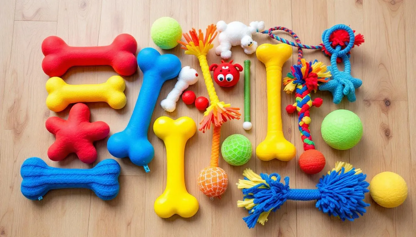 A variety of colorful puppy chew toys is arranged neatly on a wooden floor, showcasing different shapes and textures designed for playful puppies. These toys are essential for managing biting behavior and helping young puppies learn bite inhibition during their playful mouthing stage.