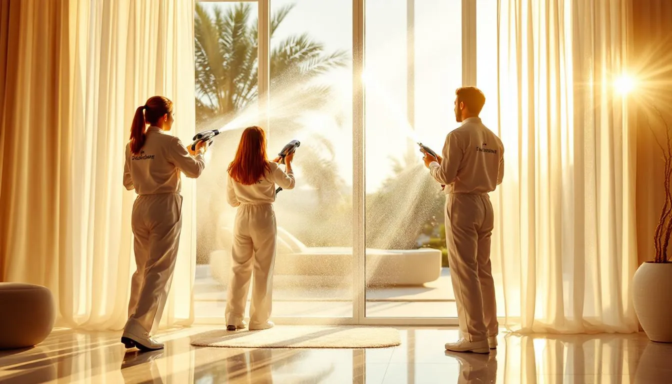 A team of professional curtain cleaners in Dubai, ensuring exceptional results.