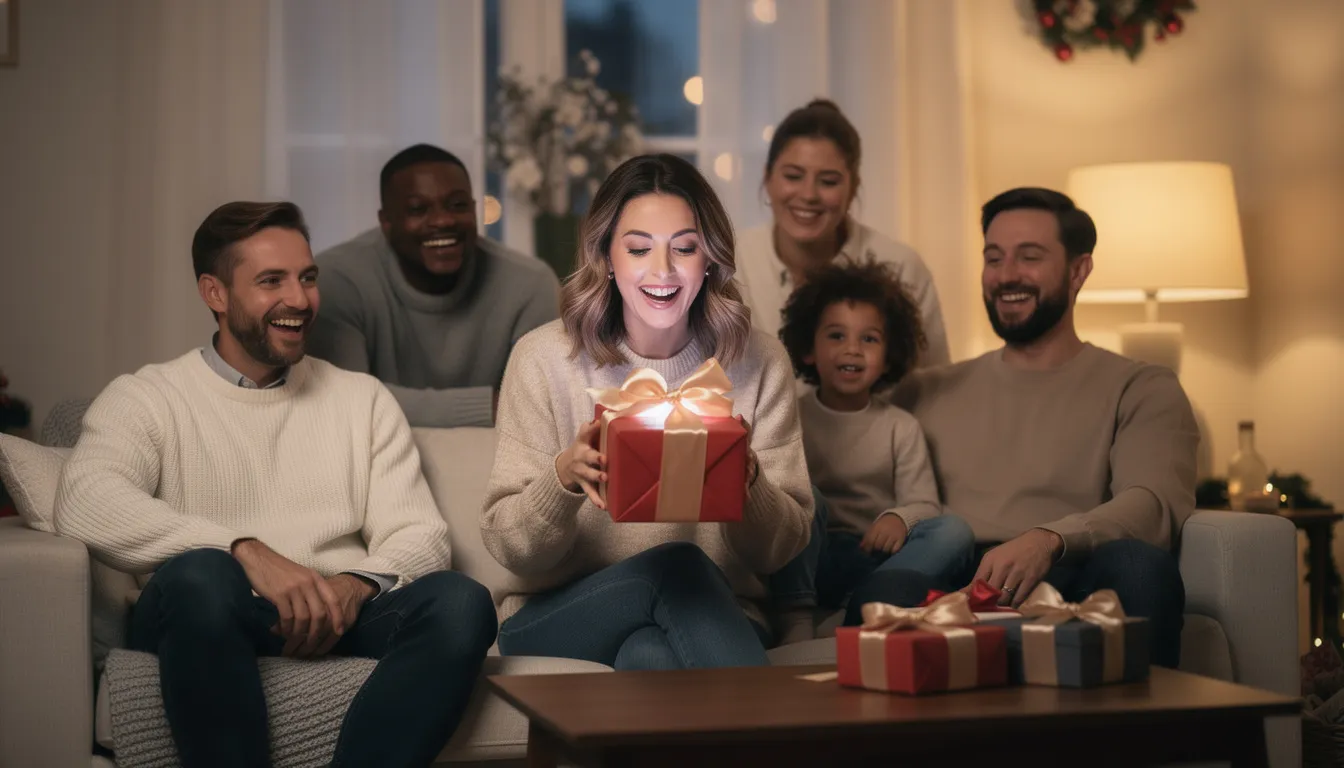 A mother joyfully opens a beautifully wrapped gift, surrounded by her smiling family members, capturing the warmth and love of Mother's Day celebrations. This moment embodies the perfect way to cherish and celebrate the special bond and joy of family on such a meaningful occasion.